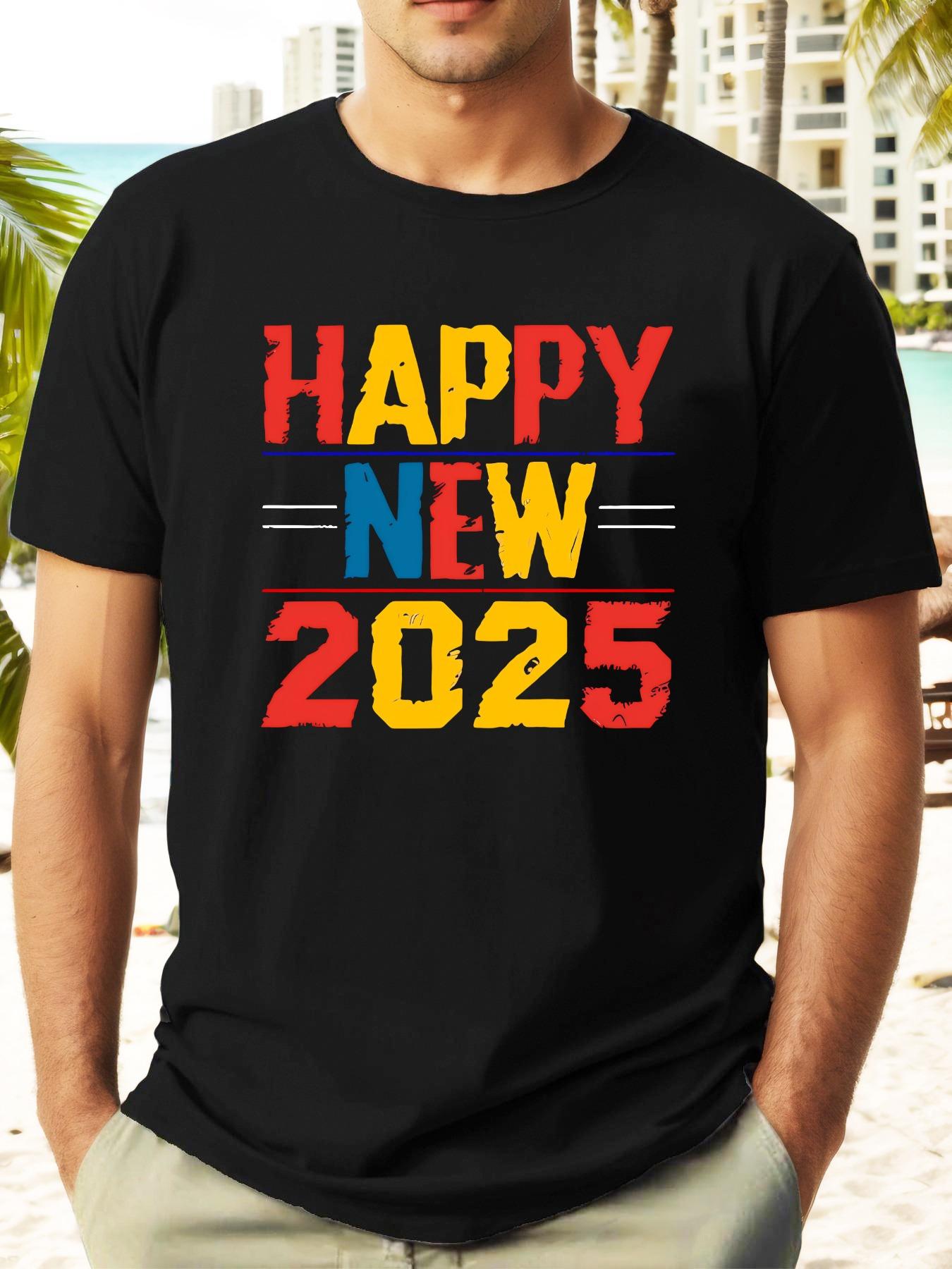 

Happy New 2025 Graphic Print Summer T-shirt - Vibrant Yellow Casual Short Sleeve Round Neck Tee for Festive Celebrations & Beach Outings XXXXL
