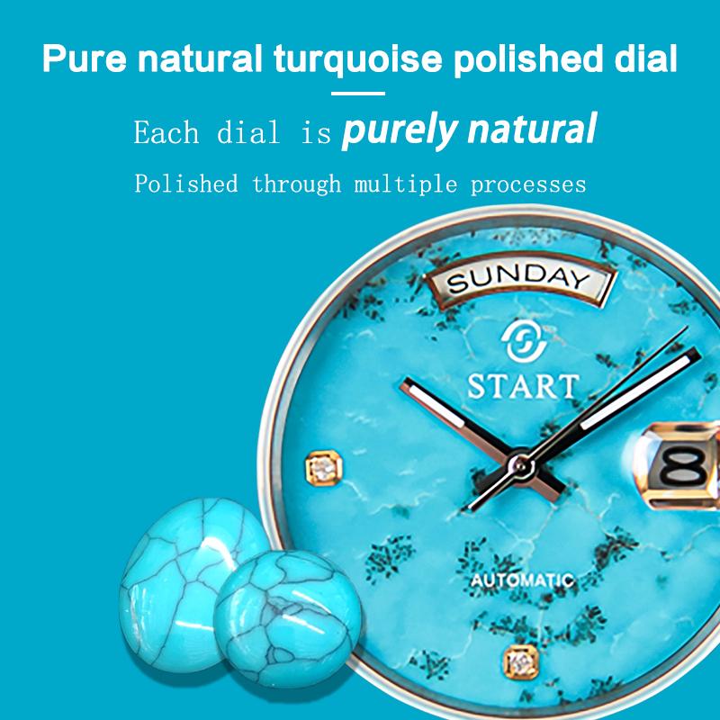 START-Turquoise Men's Watch Diamond Watch Week Function Automatic Mechanical Watch Butterfly Buckle Alligator Leather Strap