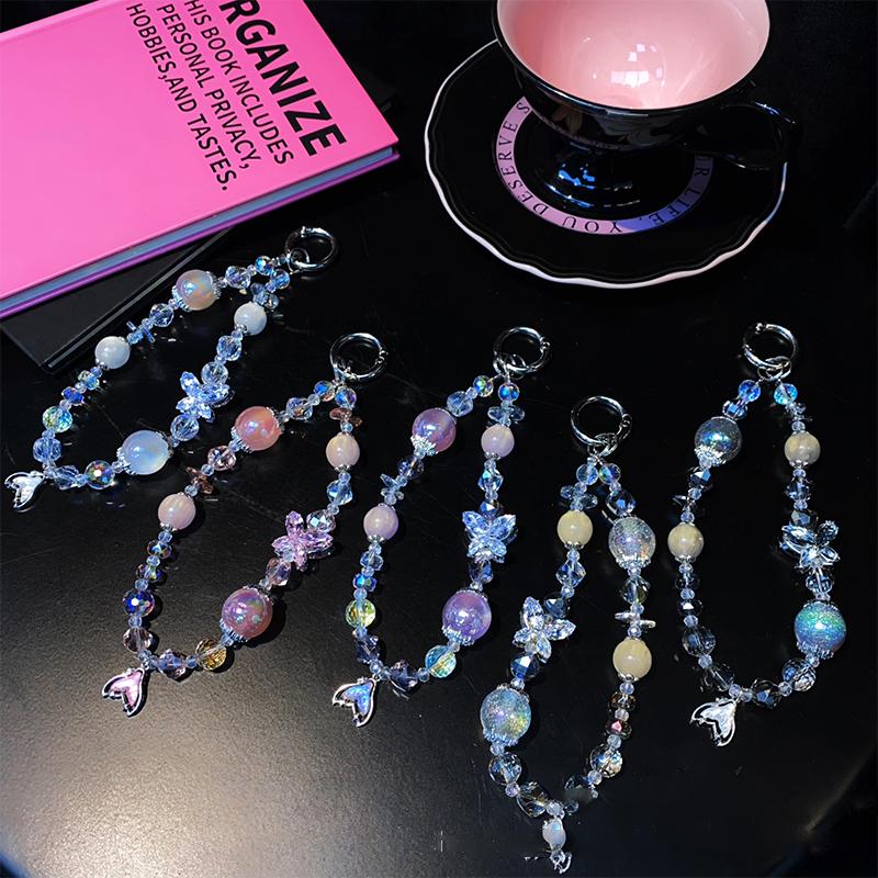 Ins Style Mermaid Pendant Beaded Phone Charm Y2K  Butterfly Phone Chain Anti Lost Wrist Lanyard Keychain Gifts