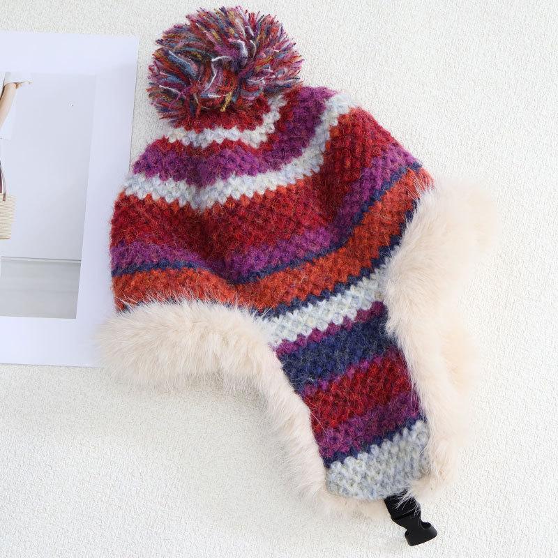 

Теплая вязаная шапка женская зимняя в цветную полоску шапка-ушанка уличная плюшевая шапка one size