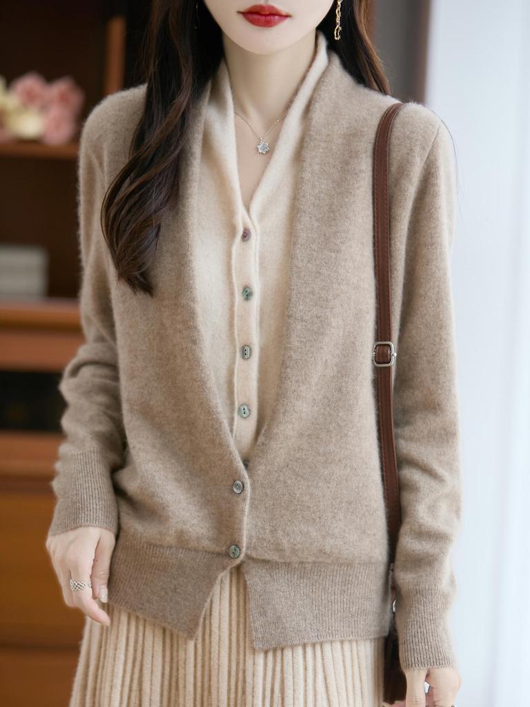 V Yaka Renk Bloklu %100 Yün Örgü Hırka - Sonbahar & Kış İki Parçalı Fransız Günlük Kazak Ceket