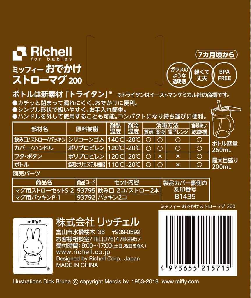 Richell Miffy Straw Mug 200ml suitable for babies 7 months and On-the-Go (1 piece, 200ml, older)