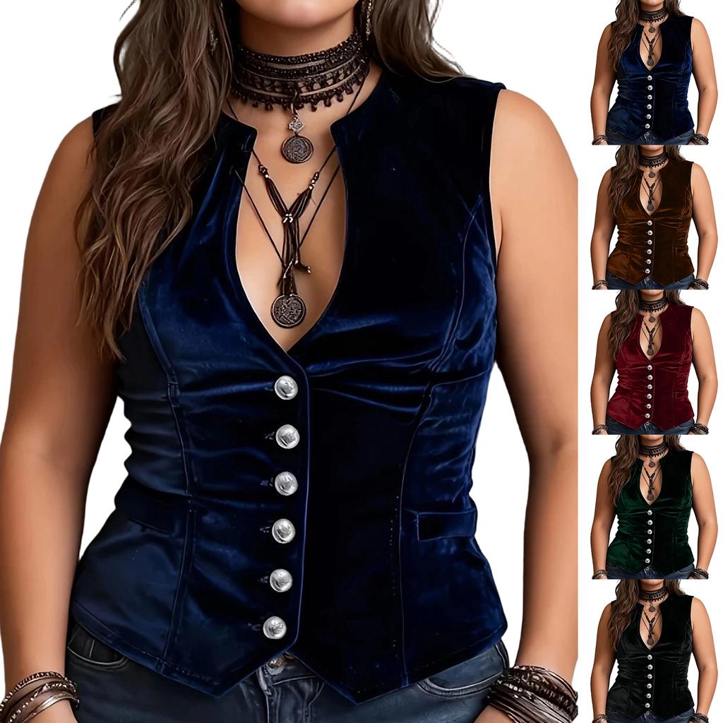 Women's Plus Size Velvet V-Neck Button Sleeveless Blouse