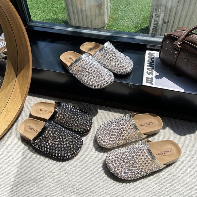 Mode Femme Sandales Plates à Couverture d'Orteil Été Mode Vêtements d'Extérieur Creux Respirant Strass Résille Plage Décontracté Pantoufles