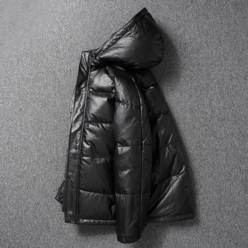 Chinese Size Raglan Sleeve Thick Men Leather Jacket Hood Warm Duch Down Coat Winter Jackets Genuine Cow Leather Coats Mens Clothing