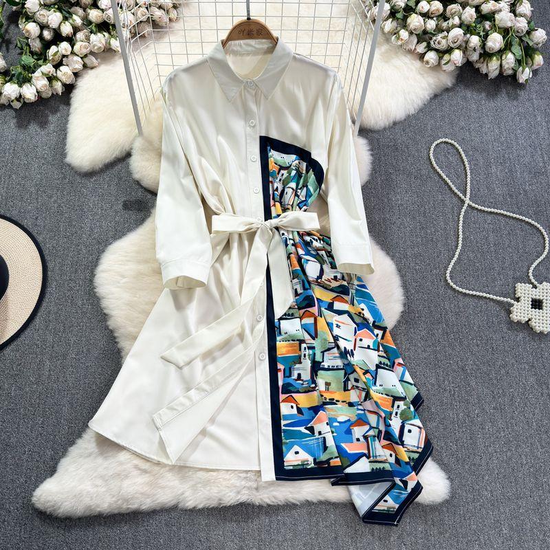 

Print Shirt Dress Women s Summer Chic Fashion Stylish Western Style Elegance Pleated Waist Tight Slimming Midi Dress Apricot Base Color One size