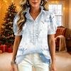 Damen V-Ausschnitt Weihnachten Print Kurzarm Knopfleiste Bluse mit Rüschenbesatz