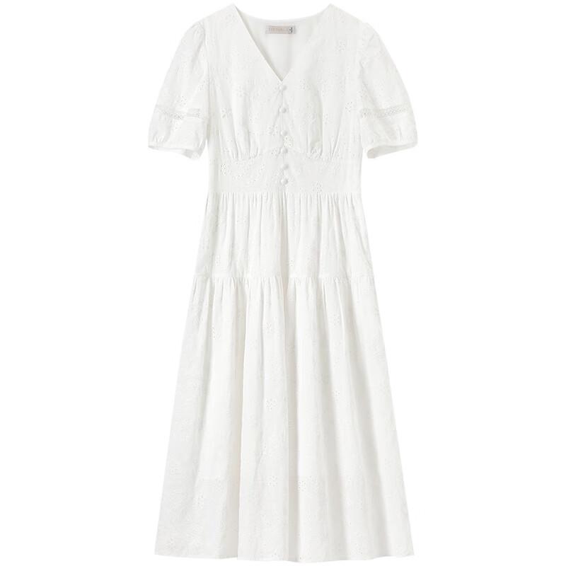 Elegant Cotton V-Neck Puff Sleeve Hollow-Out Midi Dress