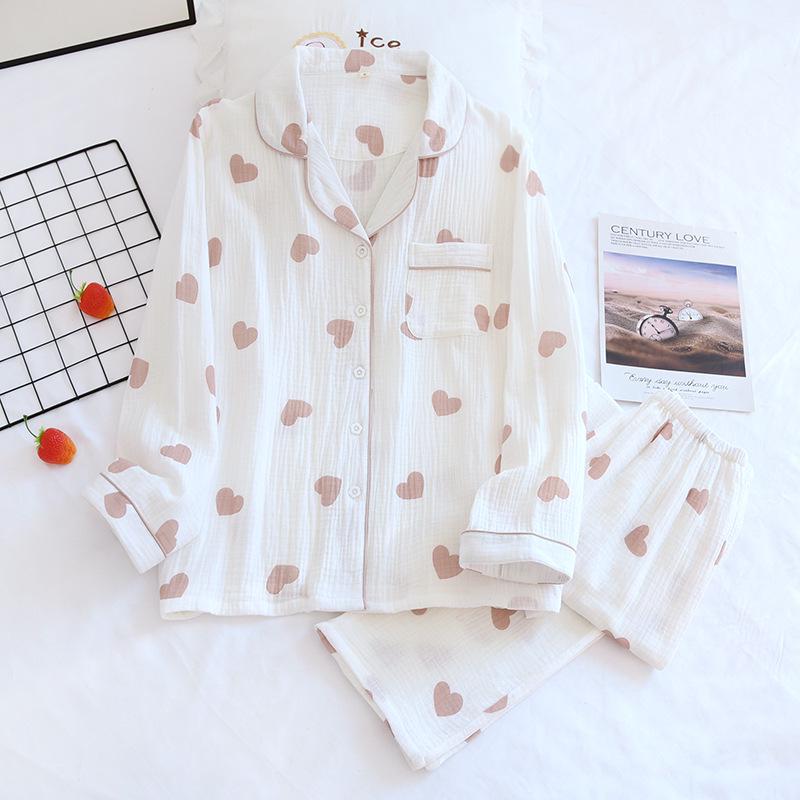 Women's 100% Cotton Gauze Pajama Set - Spring/Autumn Lapel Cardigan with Long Sleeve Top and Pants