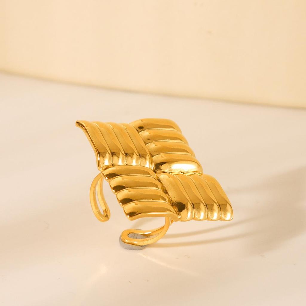 18K Gold Textured Stainless Steel Square Ring for Women - Exaggerated Titanium Steel Jewelry