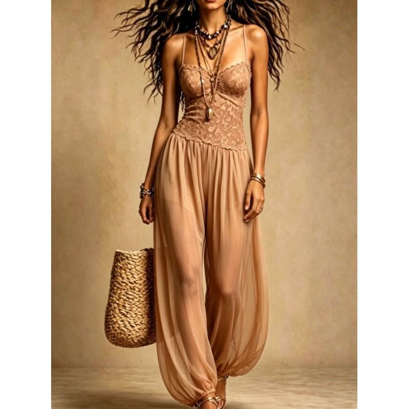 2026 Schwarzer Bohème-Spitzenbesatz Chiffon-Jumpsuit Damen Ärmellos Weiter Bein Romper
