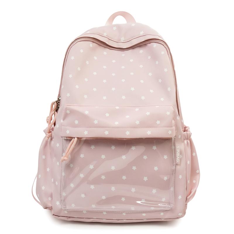 Cute Star Print Backpack for Women & Girls – Transparent Front Pocket, Lightweight Design – Perfect for School, Travel & Daily Use