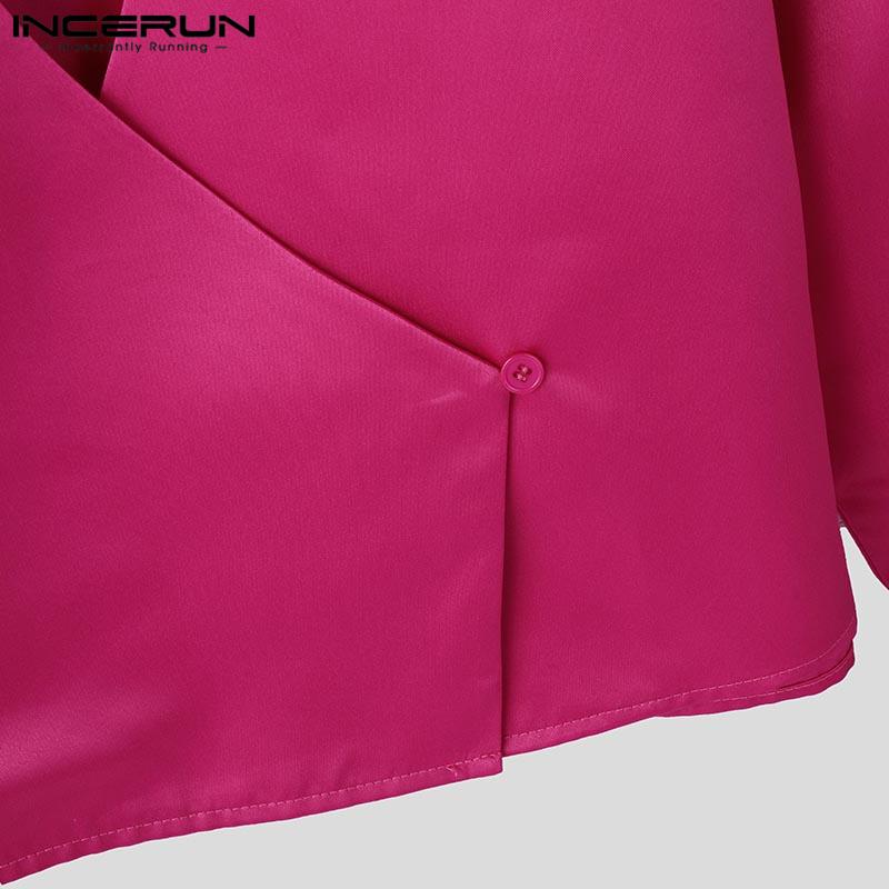 INCERUN Men Lapel Neck Long Sleeve Satin Shirts Solid Color Bandage Hollow Front Cross Tops