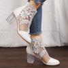 Floral Print Lace Ankle Boots - Women's Square High Heel Shoes, Round Toe, Back Zipper