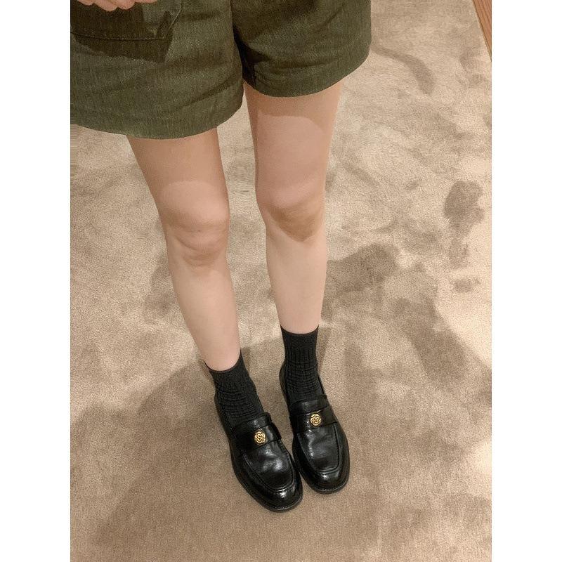 Cowhide~ Camellia platform women's genuine leather retro gold buckle versatile thick heel small leather shoes