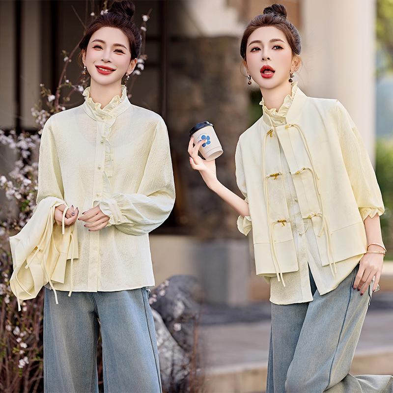 

2025 Spring Women s Stand Collar Lace Stitching Long Sleeve Shirt - Fashionable and Versatile M (45-60kg) белый