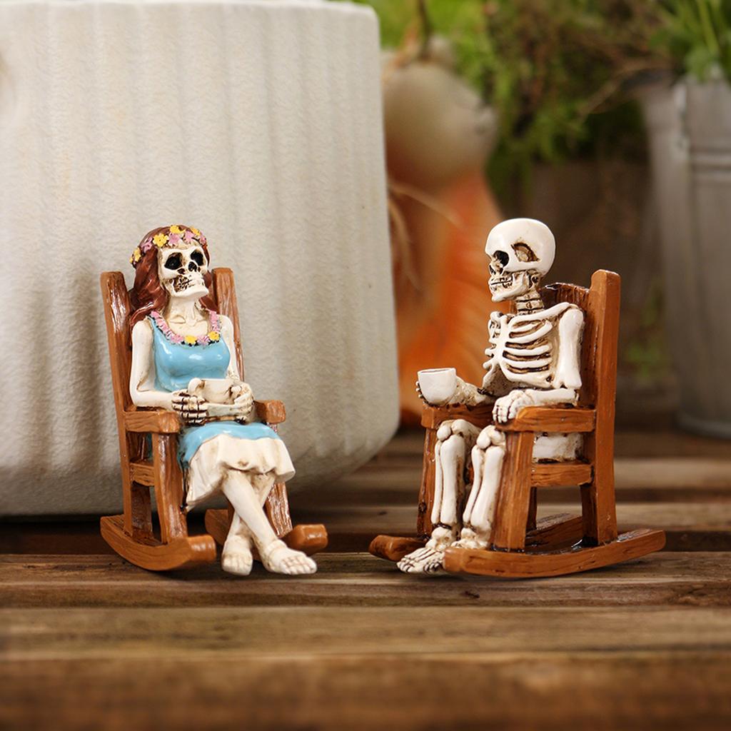 2pcs lounge chairs for coffee, skeleton couple, Halloween home decoration ornaments, Gothic outdoor garden decoration bonsai sta