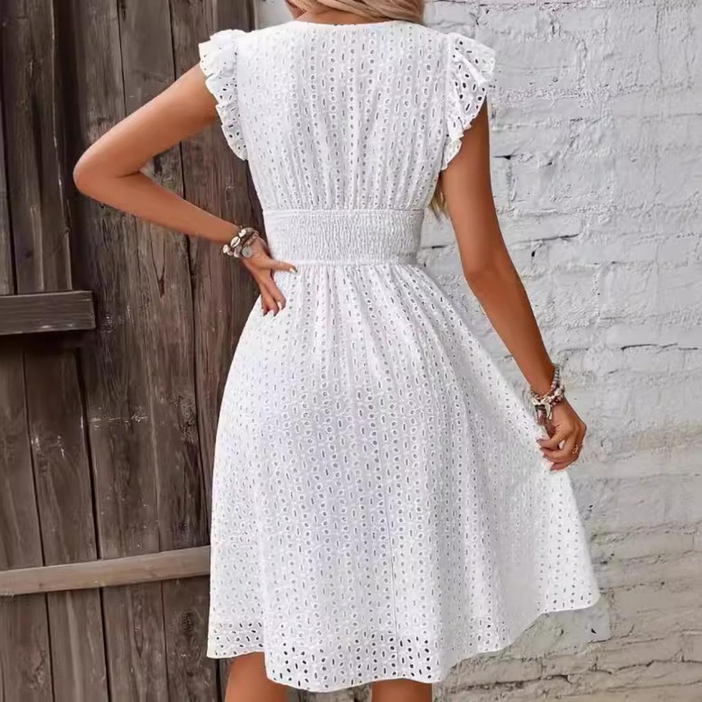 Abito Midi Estivo da Donna Scollo a V Maniche con Volant Lunghezza al Ginocchio Elegante Vita Elastica Abito a Linea ad A