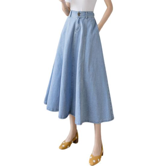 Denim Midi Skirt High Waist Button Zipper Fly A-Line Hem Skirt Solid Color Blue Skirt Office Lady Denim Skirt Daily Wear