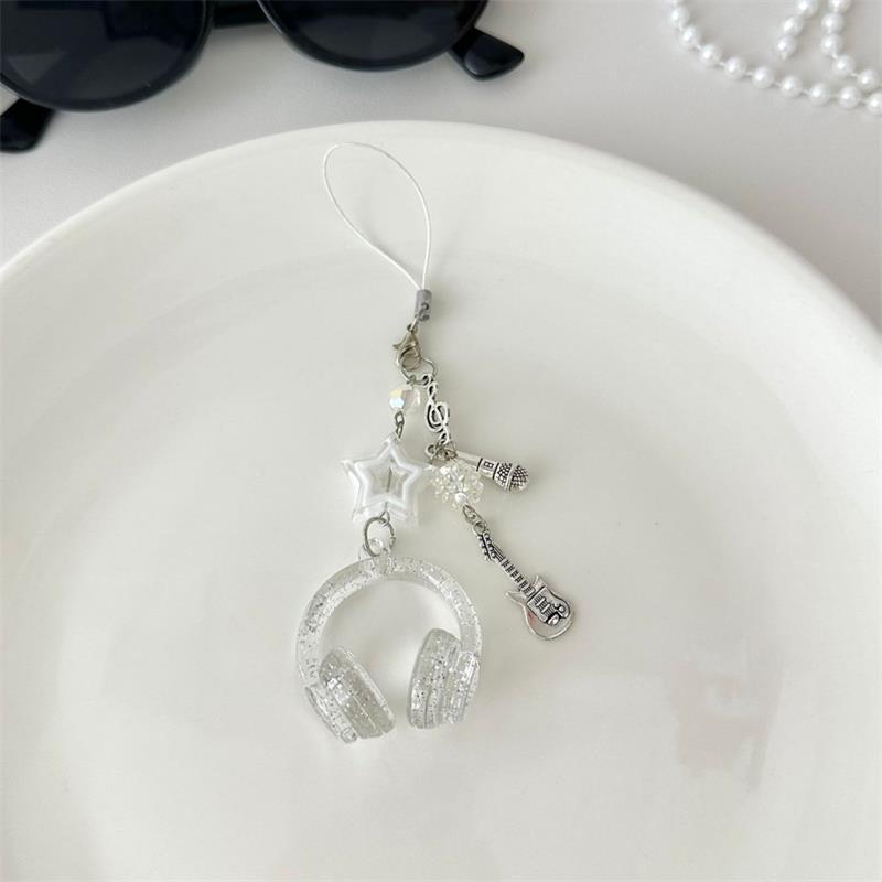 Cute Glitter Earphone-Shaped Keychain Star Guitar Microphone Pendant Phone Chain Lanyard Girly Backpack Charms Bag Hanging Gifts
