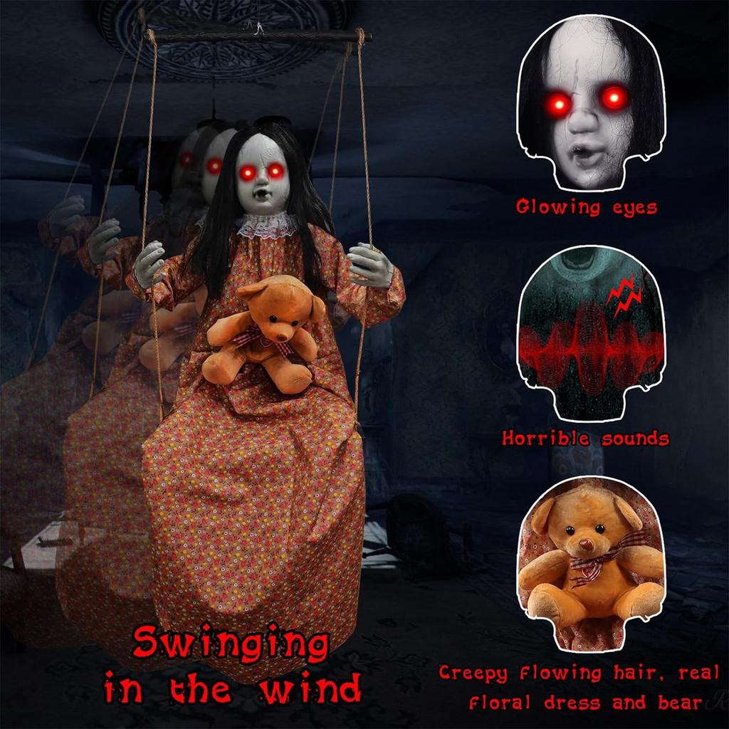 Strašidelná loutka Halloweenská dekorace Hlasem aktivovaná strašidelná loutka se zářícím okem pro zahradní dvorní dekoraci