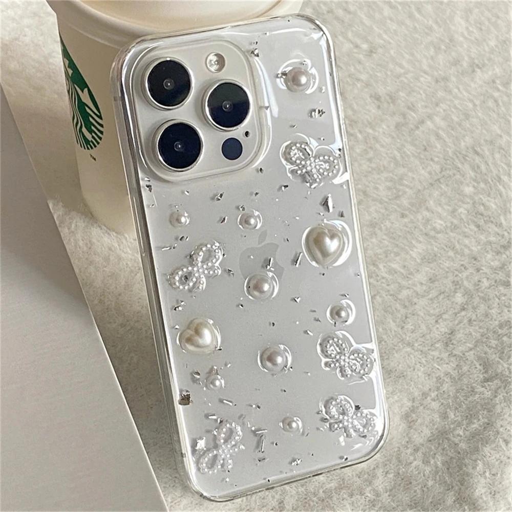 3D Pearl Bowknot Silver Foil Phone Case For iPhone 17 Air 16 15 14 12 11 Pro Max 13mini XS Max XR X Cute Clear Soft Cover