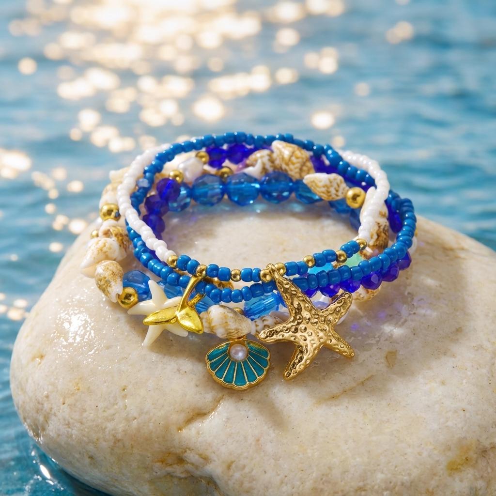 5Pcs Boho Starfish Shell Layered Beaded Bracelet Set for Women Dainty Crystal Elastic Beacelets Beach Party Jewelry Gift