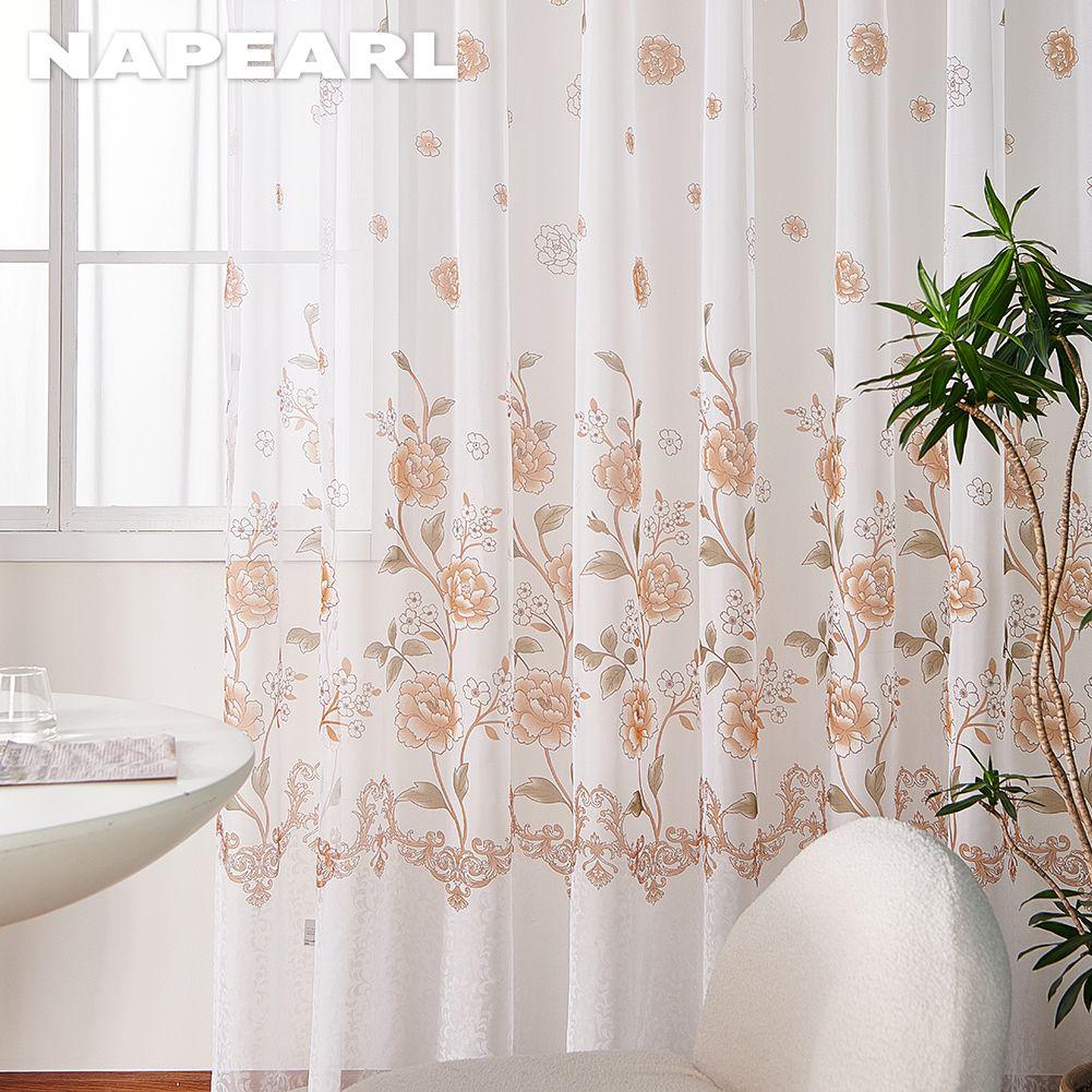 1PC NAPEARL Orange Flower Printed White Tulle Curtains for Bedroom Window Screen Panels Sheer Living Room Kitchen Home Decor