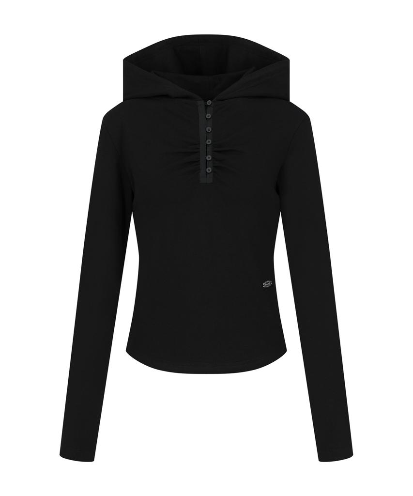 SECONDSALT Shirred Button Neck Hooded Long Sleeve (Black)