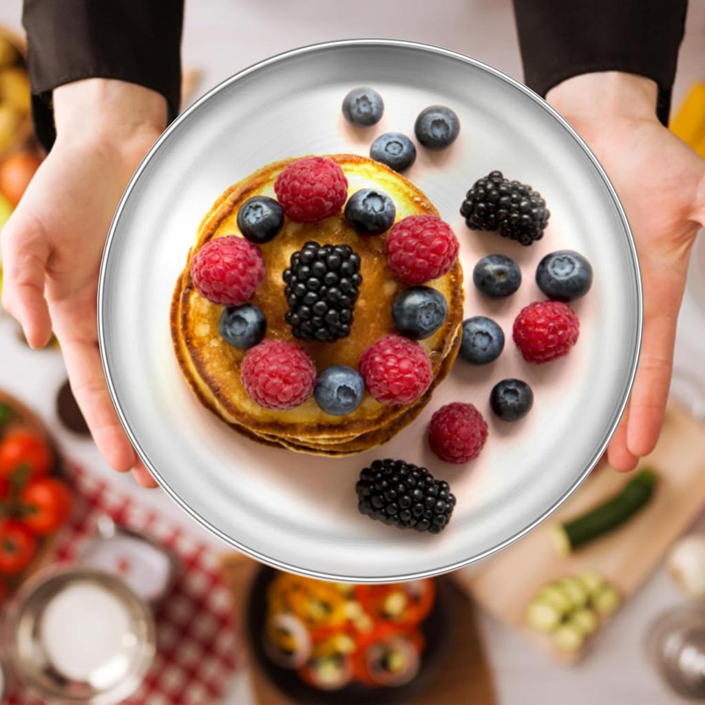 10-Piece Stainless Steel Dinner Plates, Round Salad Dessert Plates, Serving Plate for Home Kichten, Outdoor Camping, Snack, Pizza and BBQ