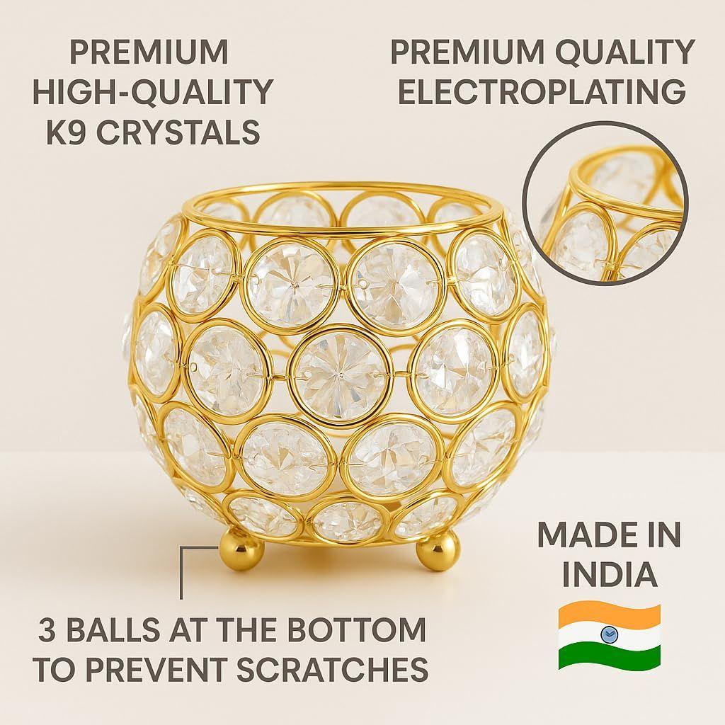 Pack of 2 Tea Light Crsytal Candle Holder - Pooja Diya Decoreation Items for Home Diwali Brass Puja Item Unique Christams Diwali Gift