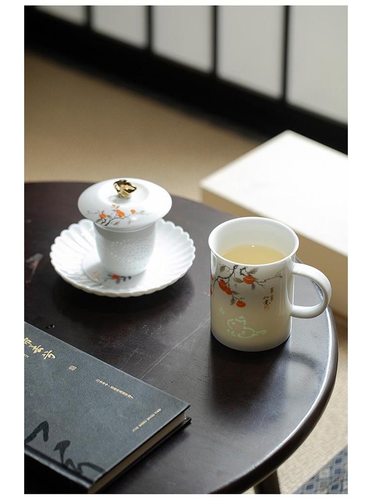 Exquisite Mutton Fat Jade Office Tea Cup Set with Lid & Filter