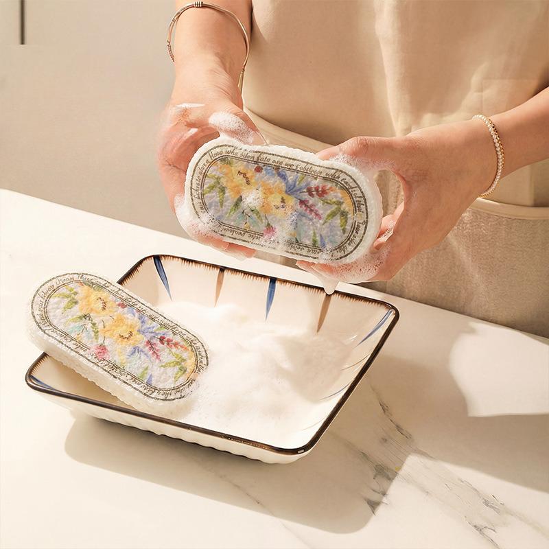 Compressed Wood Pulp Sponge Scrubber, Oil Proof And Stain Remover Kitchen Cleaning Tool, Strong Water Absorption Dish Washing Cloth With Retro Print