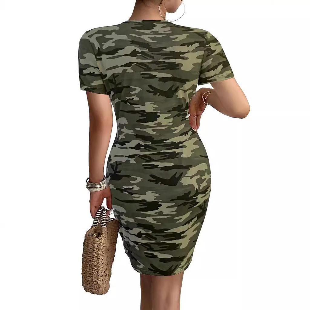 Women's Short Sleeve V-neck Camouflage Print Casual Slim Short Dress