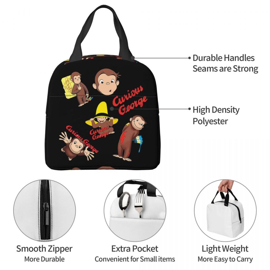 Cartoon Curious George Monkey Anime Insulated Lunch Bag for Women Office Cooler Thermal Food Box Tote Leakproof