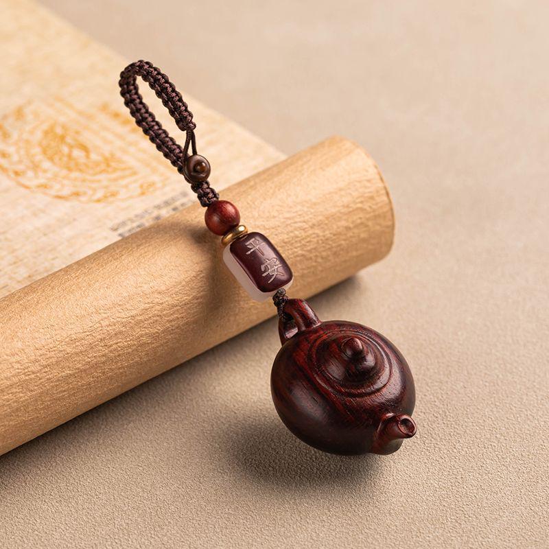Rosewood Handle Pot Car Key Pendant Teapot Keychain for Men