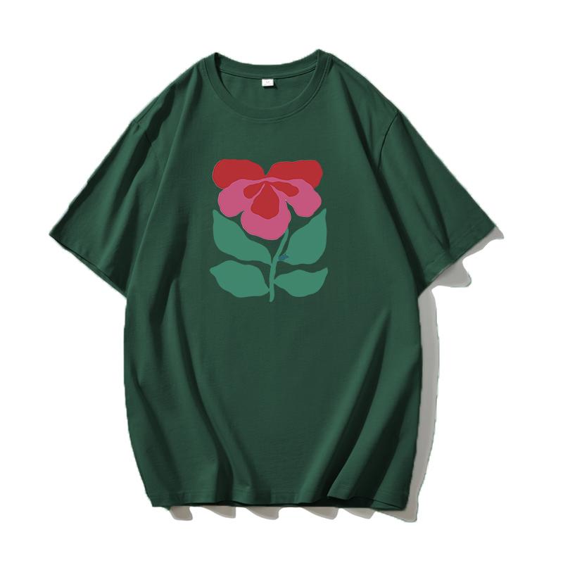 Shellsuning Krásné Květiny Tištěné Tričko pro Ženy Letní Nadměrné Ležérní O-výstřih Jednoduché Univerzální Dívčí Trička Základní Harajuku Pár Topy