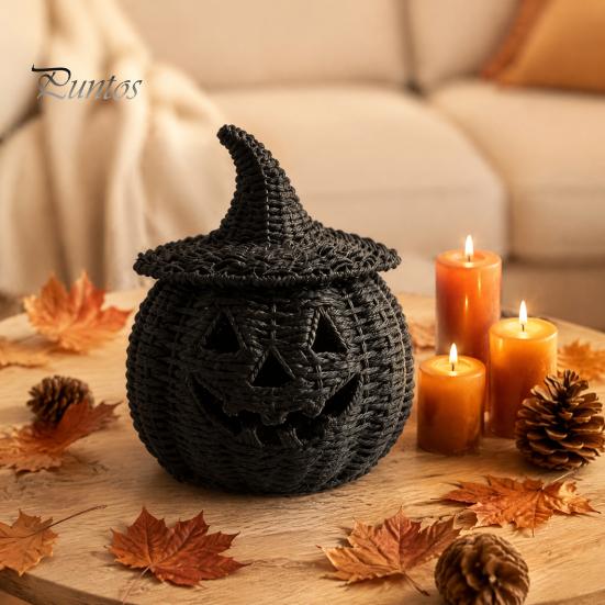 Decoraciones Espeluznantes para Repisa Halloween Cesta de Calabaza de Resina, Linterna Falsa Tejida Adorno, Acentos para el Hogar para Bote de Dulces Negro Decoración de Mesa Regalo de Inauguración