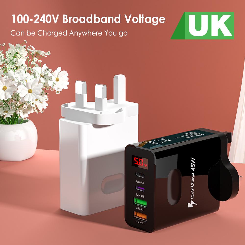 USB Multi-Port Charging Head with Digital Display, EU/UK Standard, 2PD+2U Ports, 3.1A Mobile Charger