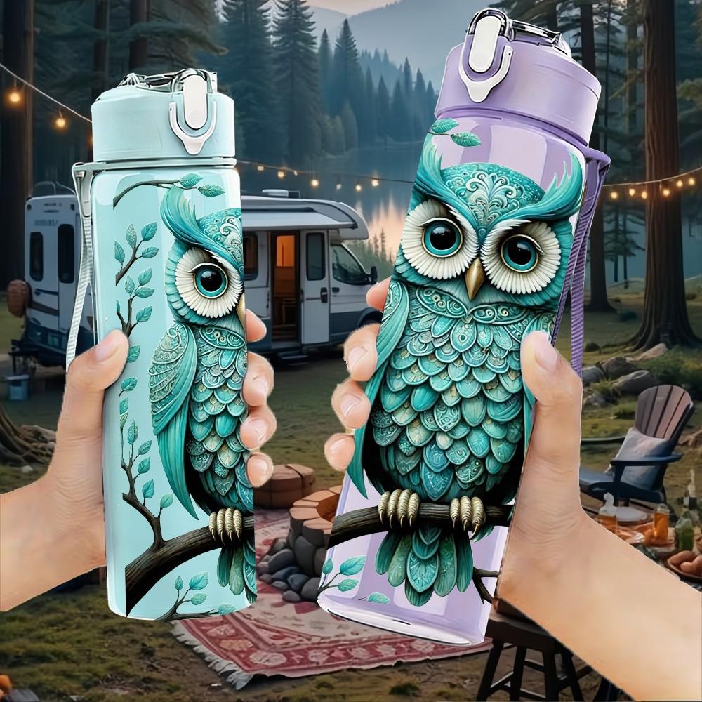 1PC Forest Owl Teal Vintage Illustration Art 750ml Color Plastic Sports Water Bottle Leakproof Flip Straw Lid Suitable for Sports Office Home Use