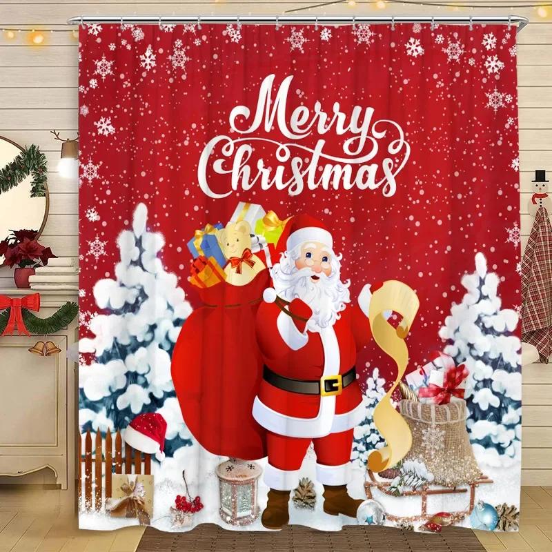 

Christmas Shower Curtain Snowman Santa Claus Winter Snow Scene Christmas Gift Polyester Fabric Shower Curtains Bathroom Decor 90x180cm