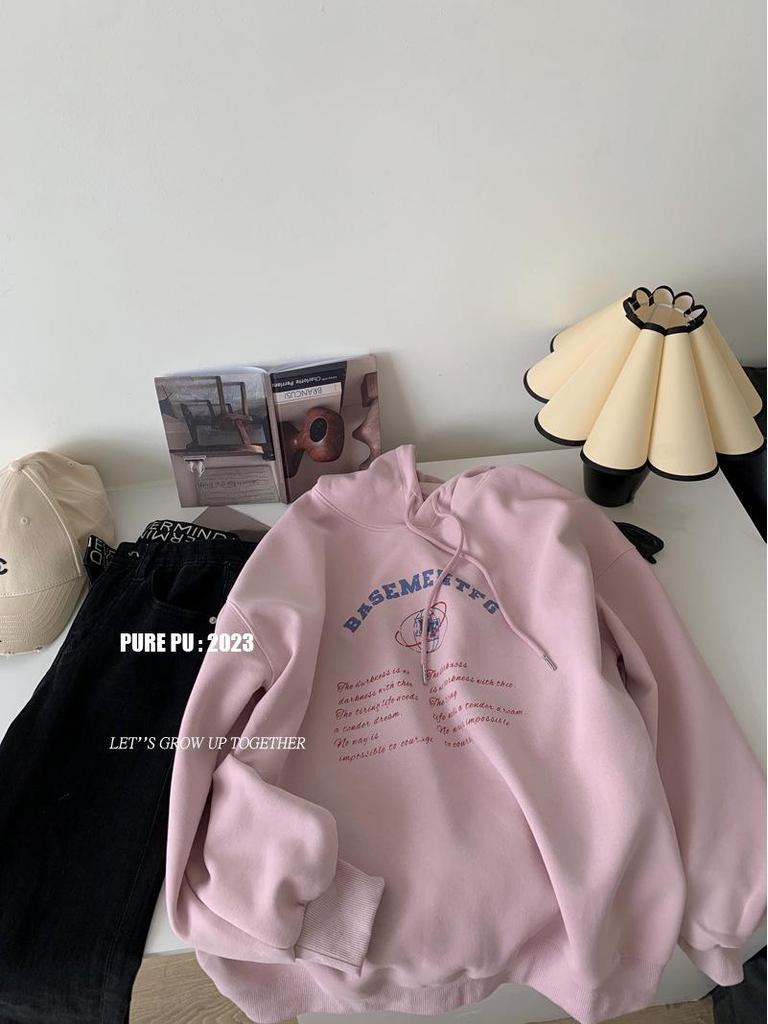 Women's Oversized Pink Letter Print Heavyweight Hoodie - Spring Loose Fit Long Sleeve Sweatshirt.