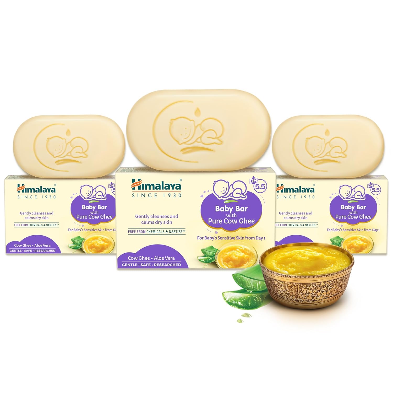 

Himalaya Baby Bar Soap with Pure Cow Ghee and Aloe Vera, Gentle Moisturizing 75g Pack of 3