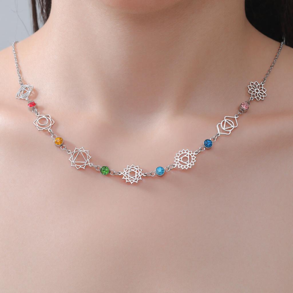 Cazador Clear Zircon 7 Chakra Flower Pendants Necklaces for Women Stainless Steel Yoga Meditation Health Jewelry Amulet Necklace