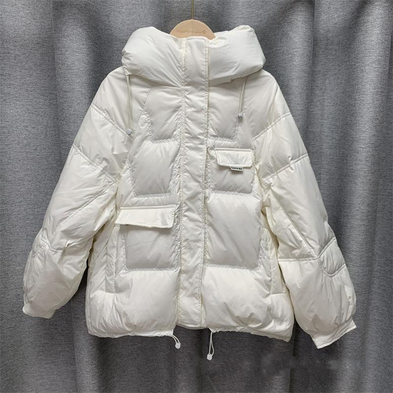 Zima Podzim Ženy Volný Polstrovaný Zip Jednobarevné Módní Bunda S Kapucí Límec Vše Odpovídající Teplý Bílý Kabát