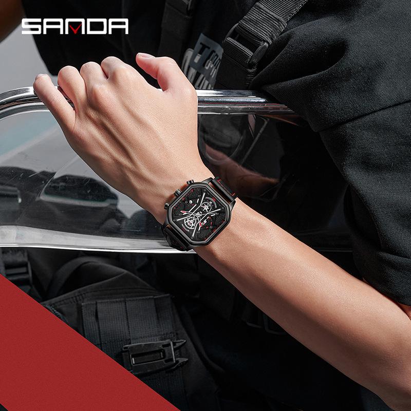 SANDA Trendy Men's Square Quartz Watch - Fashionable Multi-Function Calendar Wristwatch