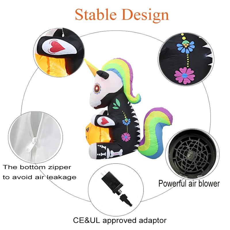 1.5M/5FT Halloween Inflatable Toy Party Decotions Skeleton Unicorn Pumpkin Built-in LED Lights for Outdoor Yard Lawn Decor Prop