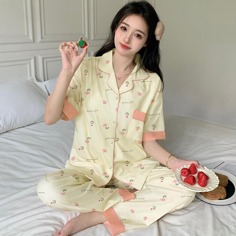 Contrasting color imitation cotton pajamas women's summer short-sleeved trousers small floral large-size loungewear medium mother suit