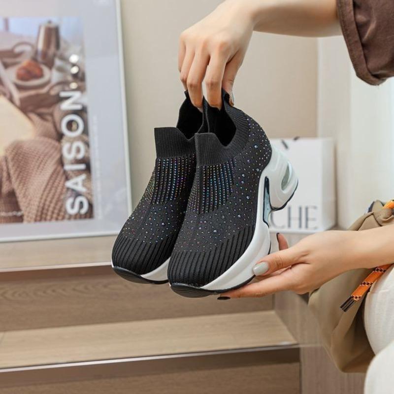 Fashion 8CM Air Mesh Platform Sneakers Wedge Crystal Shoes White Black Height Increased High Heel for Women Slip on Shoes Vulcanized New