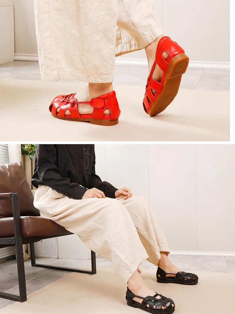 Johnature High Quality Genuine Leather Sandals Cowhide Peep Toe Flat Heel Soft Sole Retro Women's Shoes